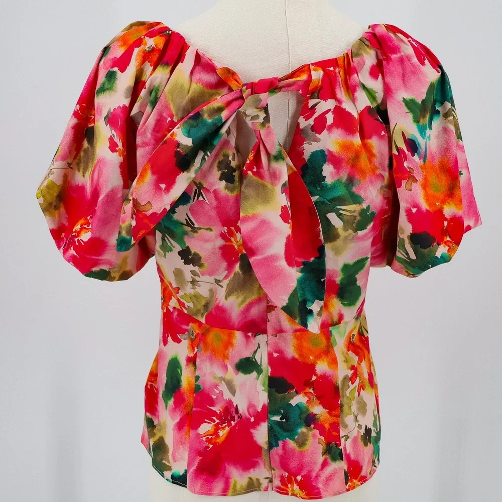 J. Crew Puff Sleeve Top Womens Floral V-Neck Bow Back Size 6 Pink Made in India